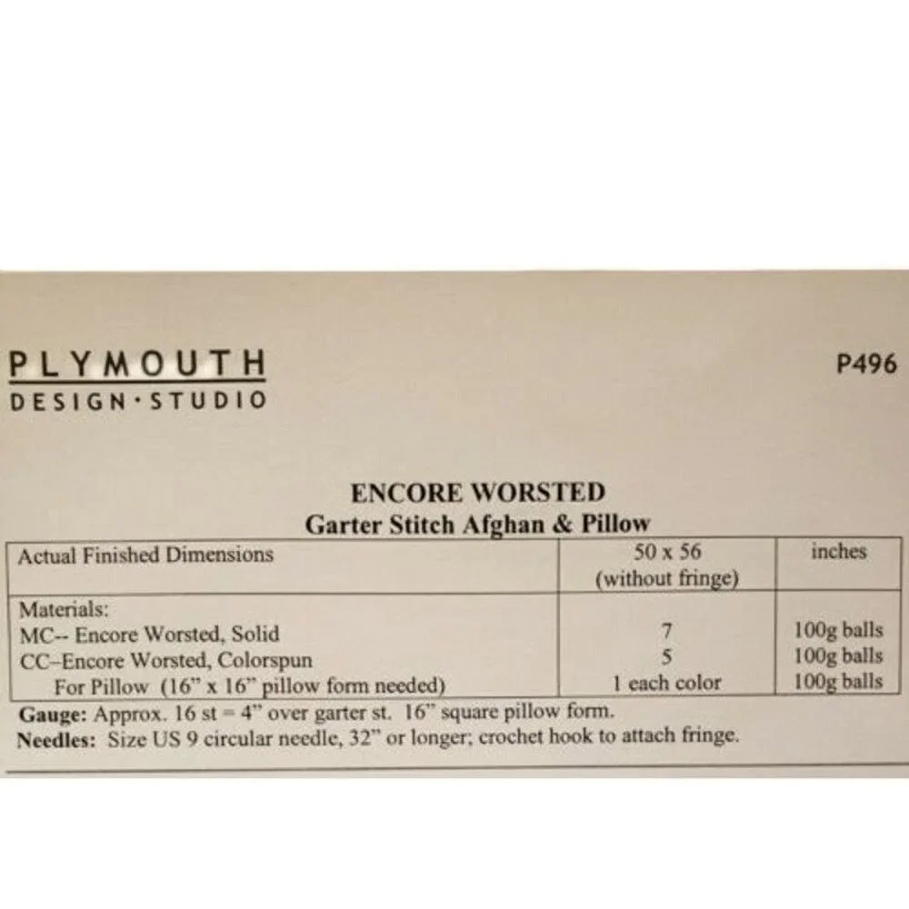 New 2005 Plymouth P496 Encore Worsted Garter Blanket Pillow Knitting Pattern